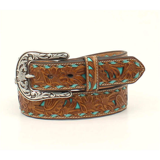 Here's a beautiful western ladies belt. It features a pierced tan leather strap with turquoise underlay, turquoise buckstitch laced edges and contrast stitching. This belt has a rounded antiqued style silver buckle. Imported. 