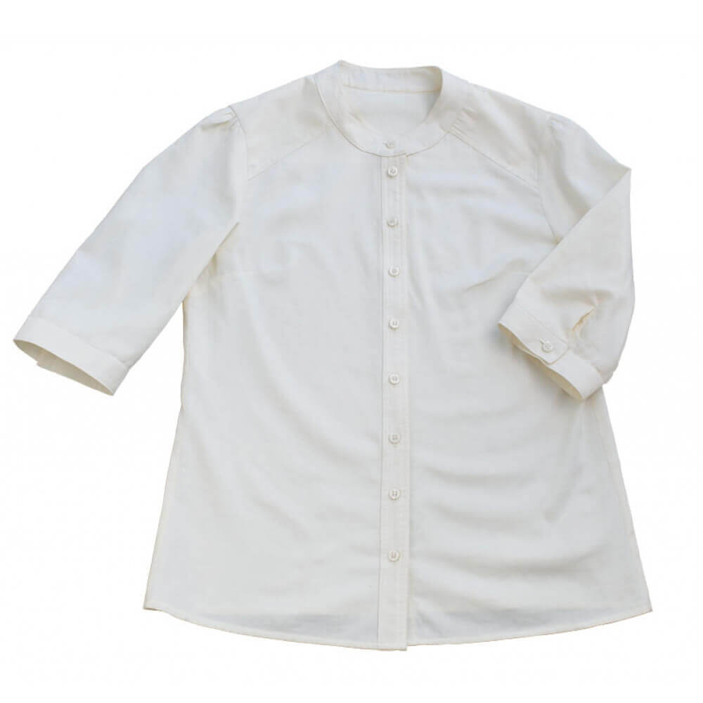 On the Range Ladies Western Shirt in white, featuring band collar and ¾ length sleeves for a stylish, casual look.