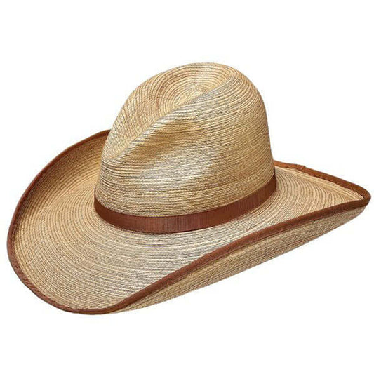 Natural oak-colored Guatemalan palm Gus shaped crown, 4" brim (shown). Shown with coffee bound-edge and matching hatband.