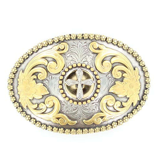 Men's western buckle features a silver oval shaped buckle with a gold berry edge accented with a cross Concho motif and floral scrolling on each side. Measures: 2 ¾" X 4"