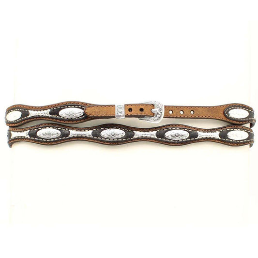 Create your own personalized hat style with this black/brown leather hatband. The oval shaped silver Conchos add a touch of western flare that will definitely give you a very unique look. This style hatband uses a belt style adjustment with a rounded silver buckle.