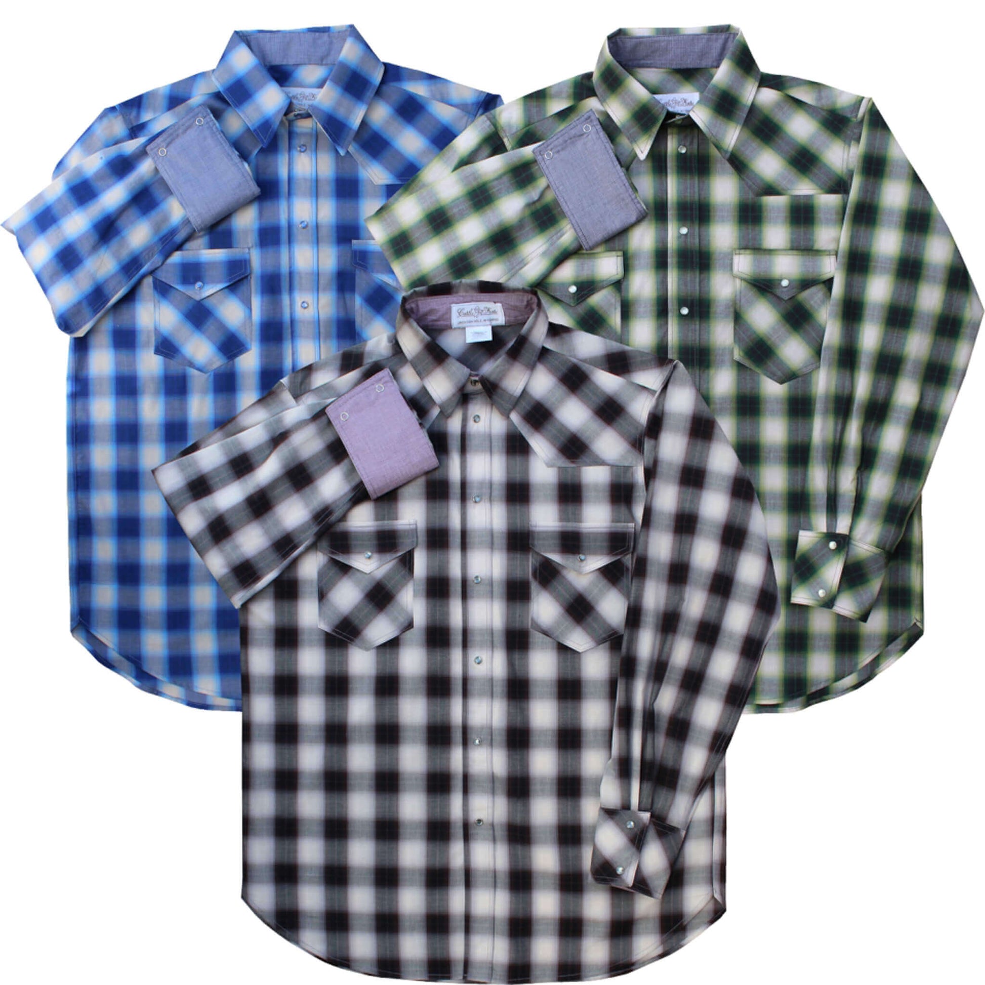 Look great on casual days sporting our men’s pearl-snap shirts in bold plaid prints of blue, green and burgundy. Pairs well with denim making these shirts year-round contenders. These handsome shirts are decorated with pearl-snaps and front and back yokes. Classic two snap-closed flap pockets and a crisp tailored collar. Dress it up with one of our silk western ties or western bolo ties. 100% lightweight Cotton. Made in USA.
