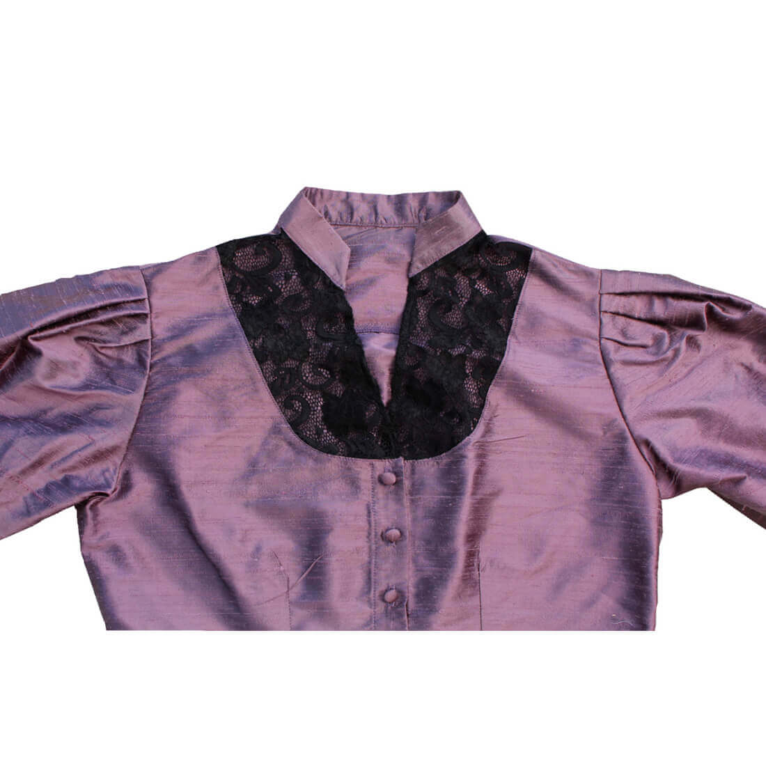Close-up of Isabel Old West 1800's purple blouse featuring a black lace inset for a sophisticated Wild West look.