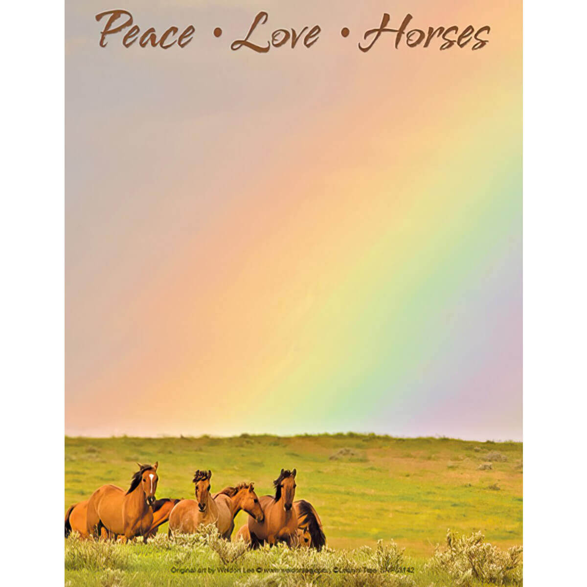 Horses in a field with a rainbow and 'Peace Love Horses' text