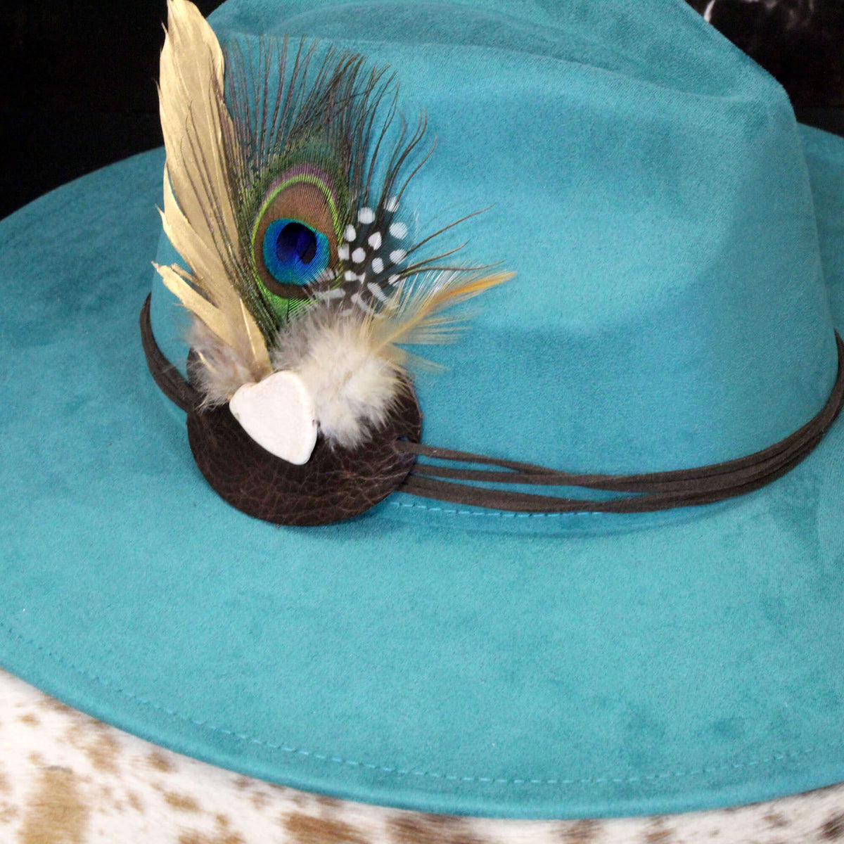Peacock Feather, White Turquoise Slab Leather Hatband
