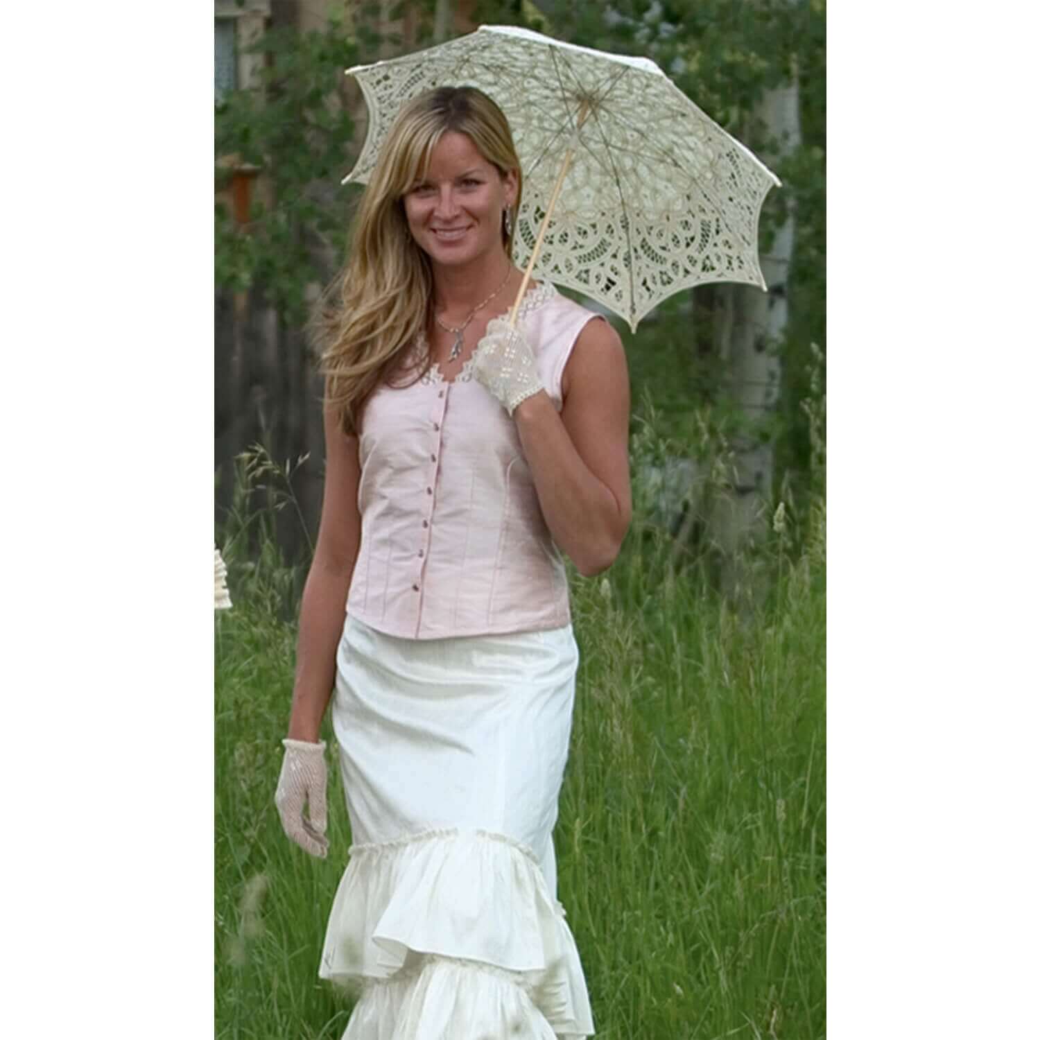 old west corset dresses Vintage Style Cream Satin Corset Dress: Strapless Frilly Lace