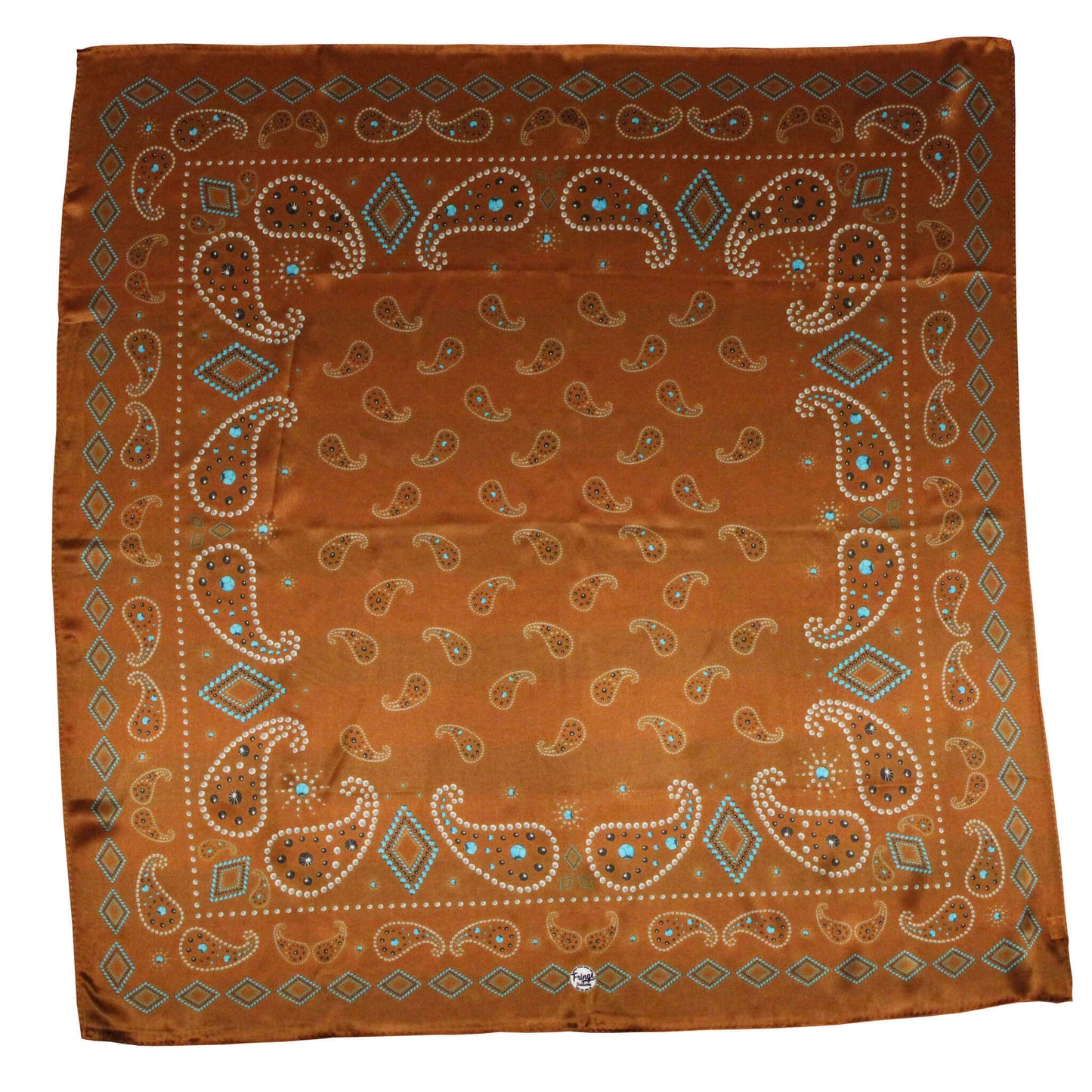 The Pretty Paisley is a jeweled pattern design on a 100% silk wild rag. The Pretty Paisley is a mix of turquoise and silver studs that make up this paisley and aztec patterned wild rag. A classic look that will work as a timeless addition to your wardrobe. Measure 35"x35"