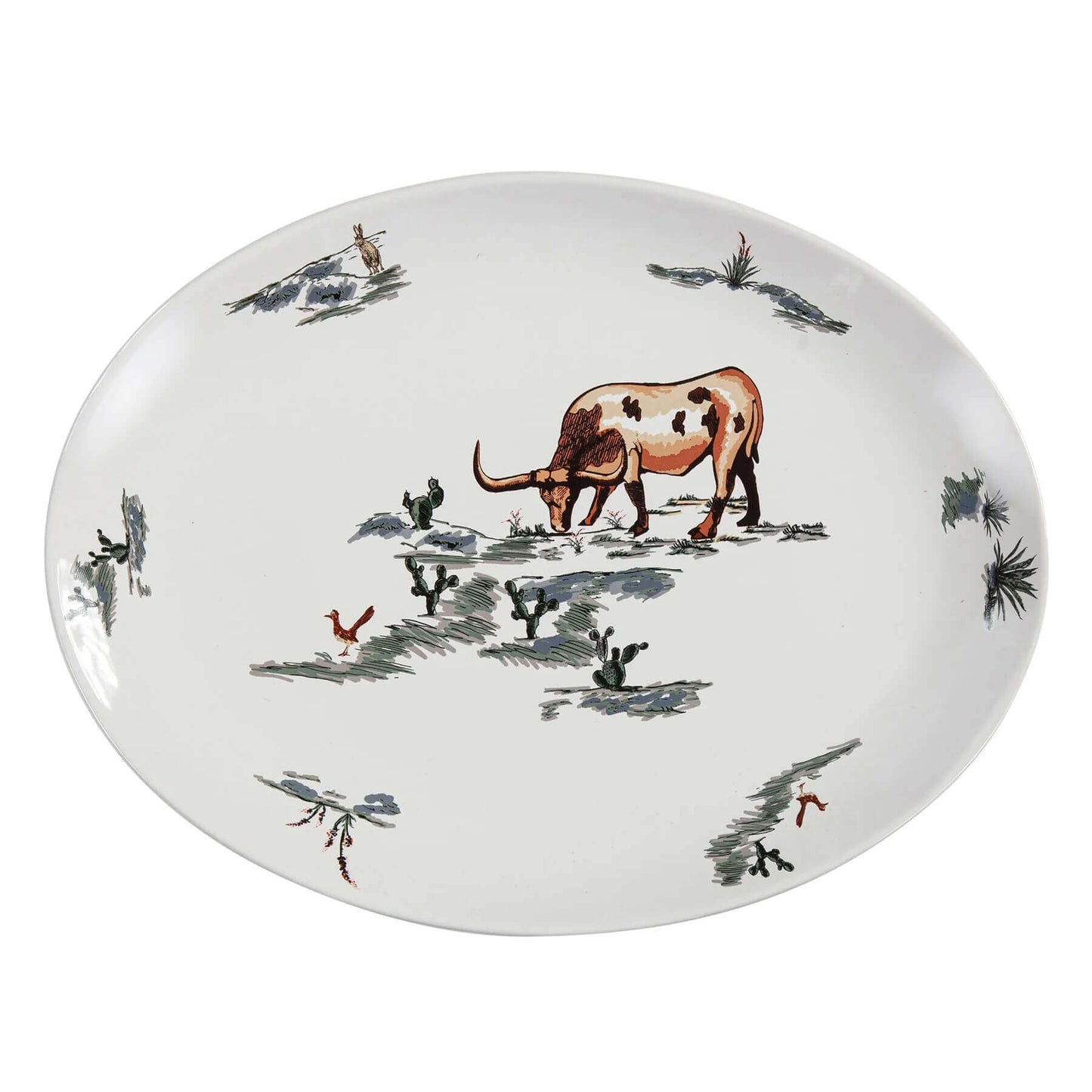 Decorative plate with a cow and birds design on a white background