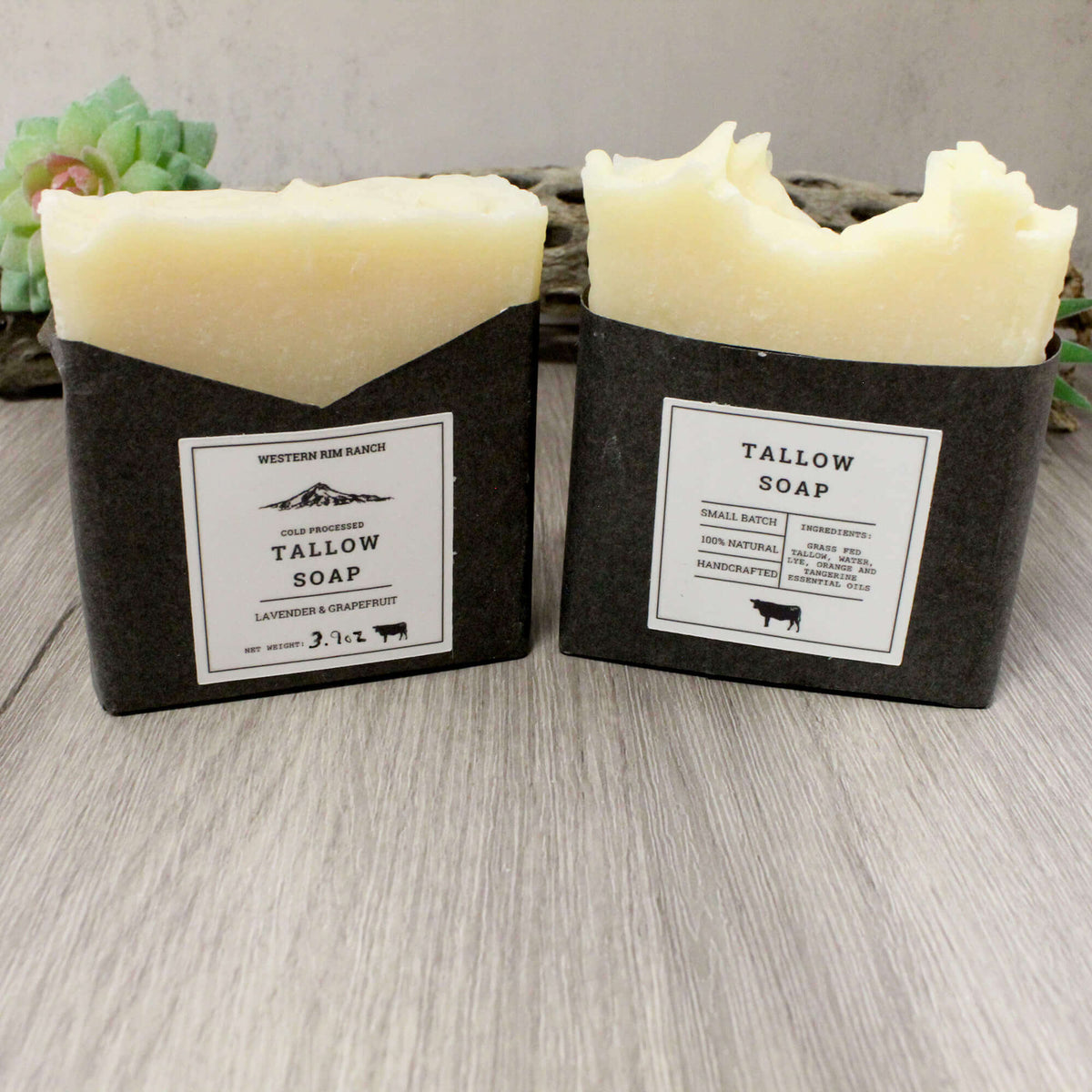 Two bars of Tallow Soap by Western Ranch, wrapped in black paper sleeves with white labels, displayed on a light gray wood surface with a small succulent in the background.