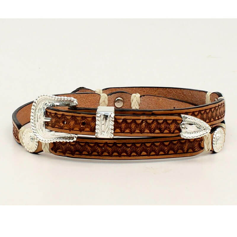 This leather hatband will definitely set off the western look on your favorite hat. This hatband displays a stamped leather pattern on the band with a rawhide braid on each side of a beautiful Concho. Imported