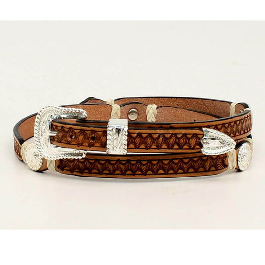 This leather hatband will definitely set off the western look on your favorite hat. This hatband displays a stamped leather pattern on the band with a rawhide braid on each side of a beautiful Concho. Imported