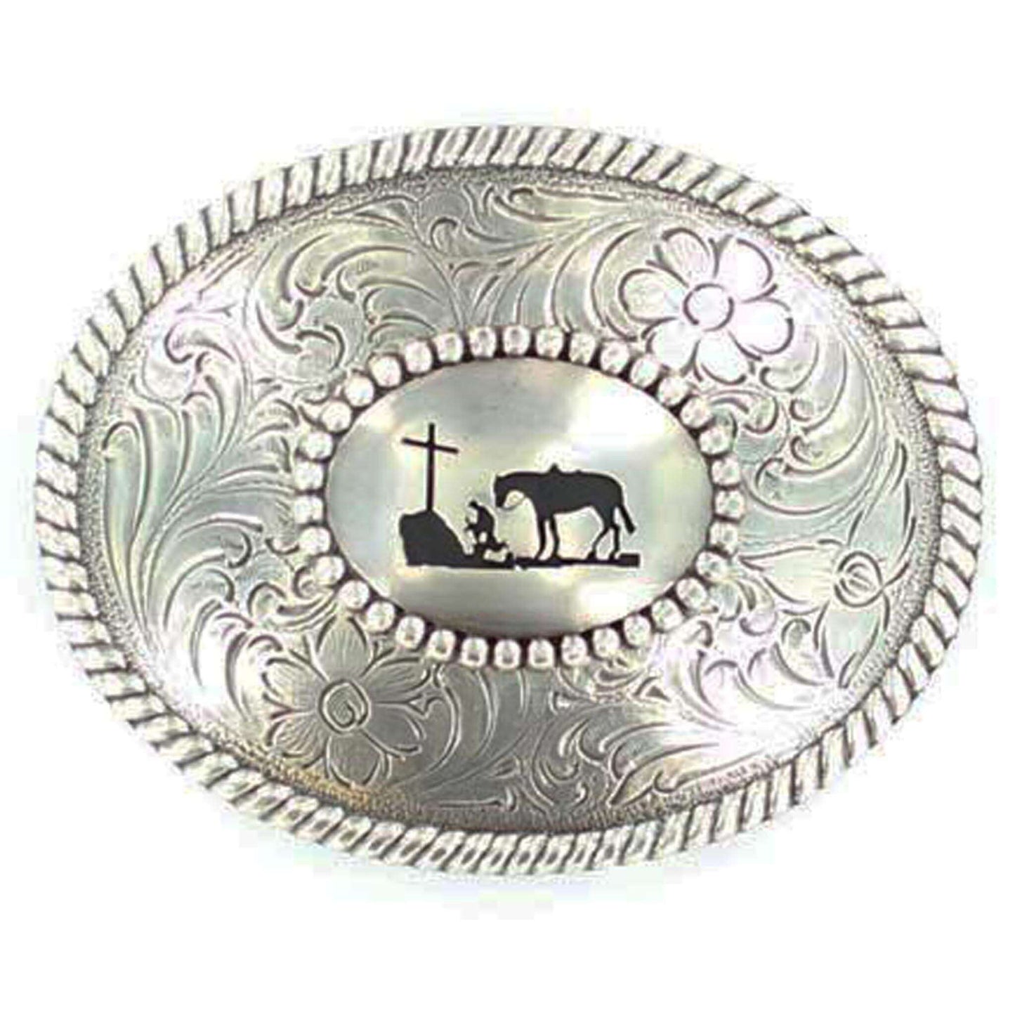 Silver Nocona buckle with rope edge. Cowboy kneeling at Cross with his trusted horse behind him. A scroll and floral design perfectly complements this reverent design. Oval measures approx 3" x 3-3/4". 