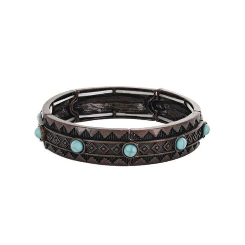 Brass and Turquoise goes hand-in-hand with the playful brass-plated elastic bracelet. Antique copper-colored bracelet with Aztec geometric pattern and turquoise-colored stones. Elastic band fits most wrists.