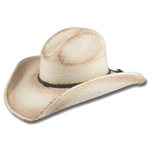 Very soft palm leaf western hat, flame-distressed with rolled up brim edges make this a great modern country hat. Braided leather hatband and stampede string. Wire in 4" brim makes it easy to get just the look you want for your next concert, rodeo or your everyday wear.