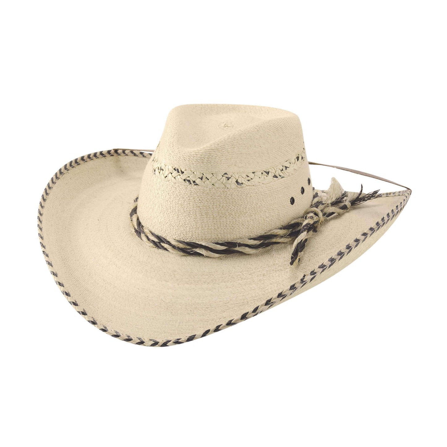 Rock your look with this awesome hat featuring palm leaf material, a unique pinch front crown with eyelets for ventilation, and a 4 1/4" bound brim edge. The hatband is twisted two tone rope-like material. This hat comes with a chin strap to help keep it on your head no matter what your doing. Imported.