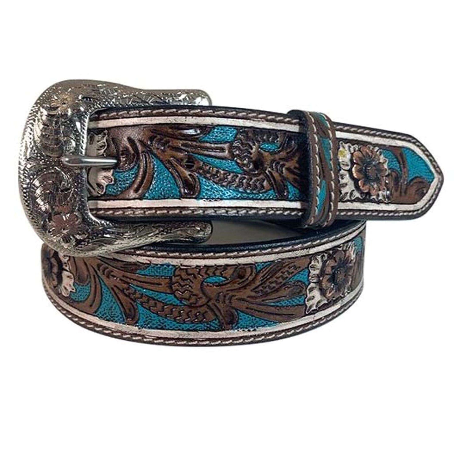 Genuine Leather belt with floral hand tooled strap, turquoise painted background, hand painted white flowers centered with a flower concho, single contrast stitched edges, and removable buckle in silver finish.
