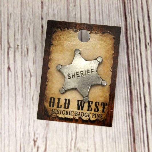 Sheriff badge pin on a 'Old West Historic Badge Pins' card with a rustic background.