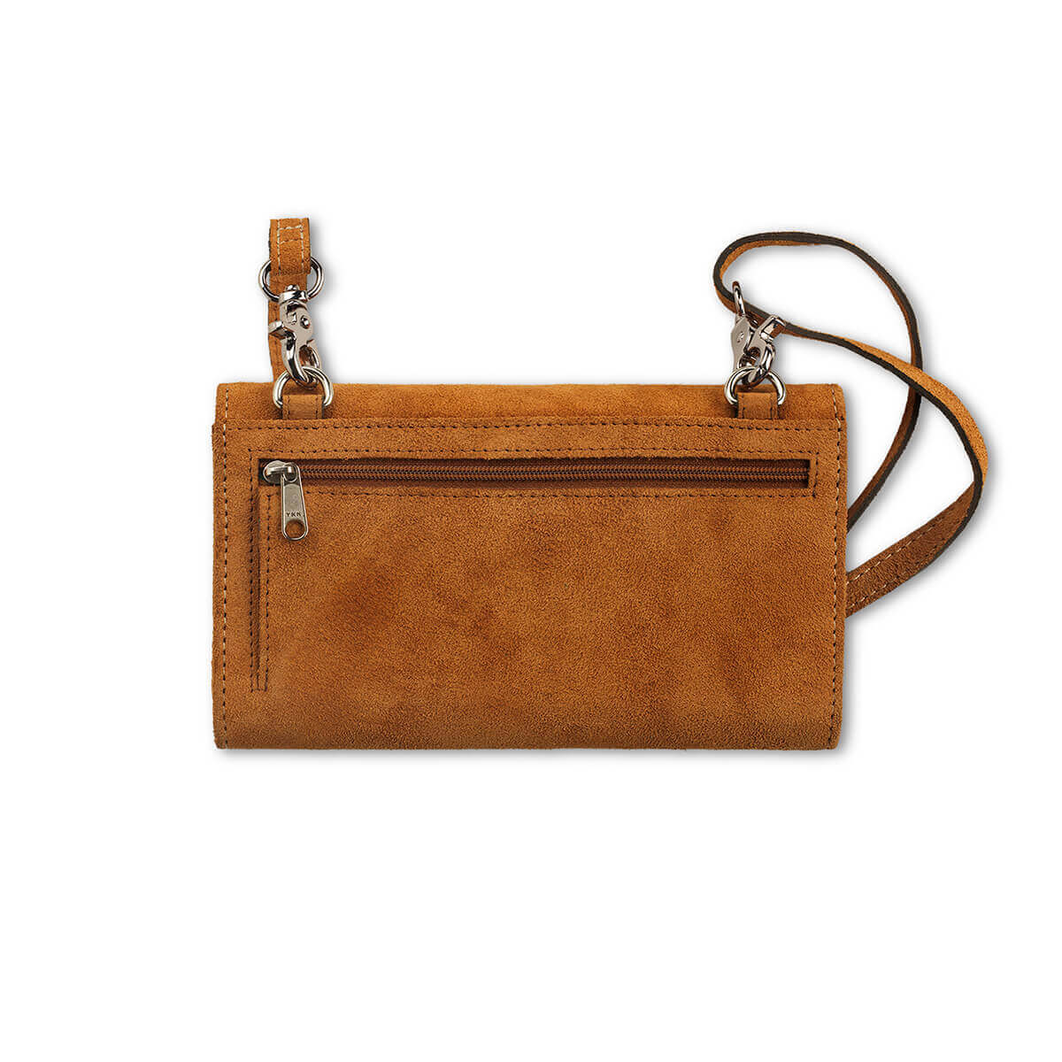 Brown leather wallet with a strap on a white background