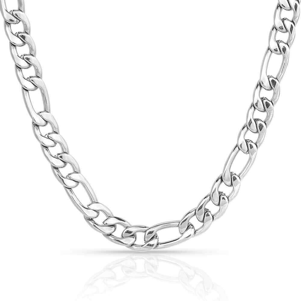 This is a must have for your collection, no matter what you pair this necklace with it is sure to look great. The silver tone figaro chain features varying sizes of round long and short links to add interest and detail to the chain. The 22 inch silver tone chain is the perfect length to pair with any shirt for an understated look. Made of Stainless steel.