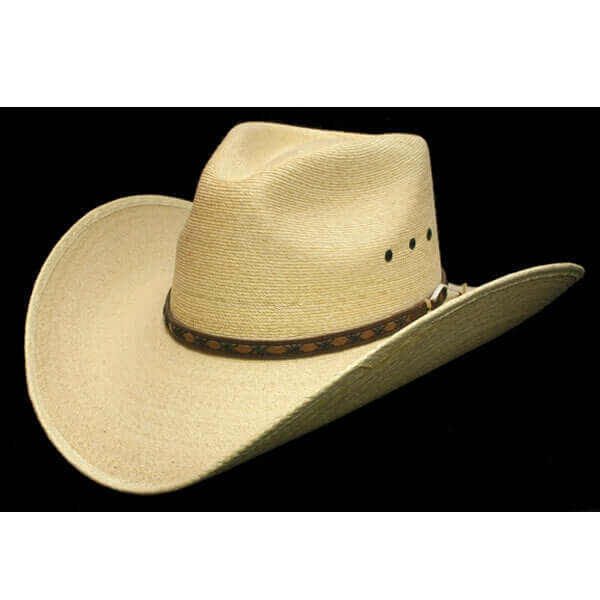 One of our personal favorites is the Mexican pressed palm in Western fedora style. 4" Brim, 4" crown at center of front.