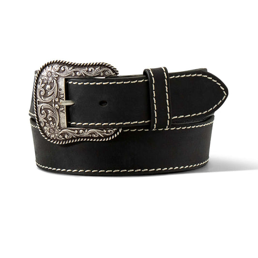 Fashionable Ariat ladies belt features a classic leather strap with heavy stitched edges and a beautiful Ariat buckle. This genuine leather belt is solid black with a removable silver buckle and loop. The buckle is accented with floral scrolling. Available in sizes Small through X-Large.