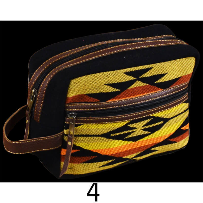Woven pouch with geometric pattern on a black background