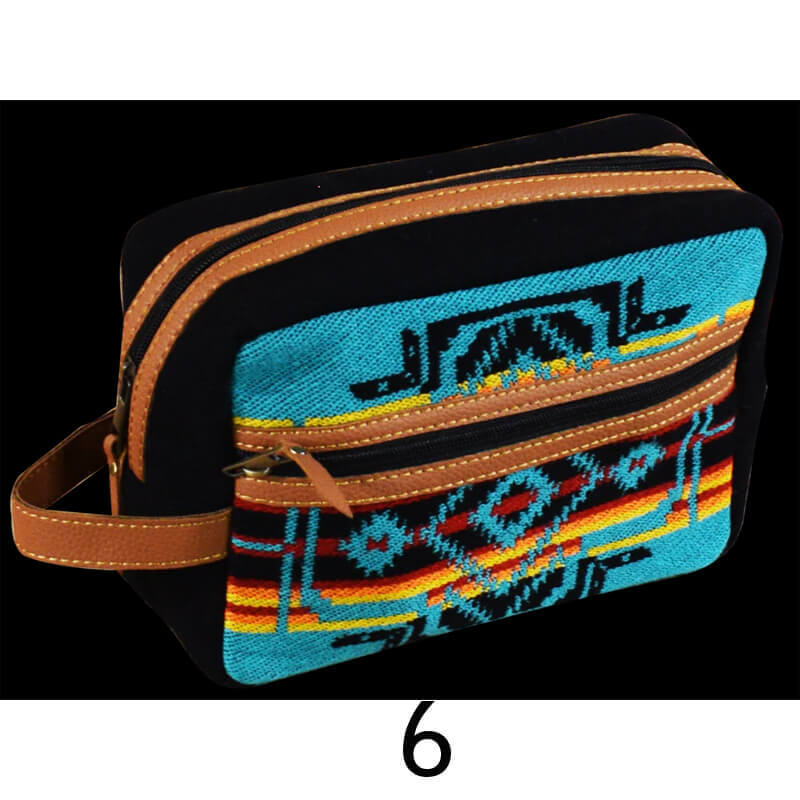Southwestern Toiletry Bag with colorful pattern on a black background