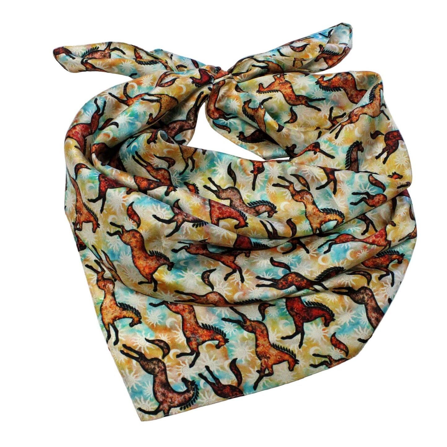 Scarf with horse pattern on a wooden surface