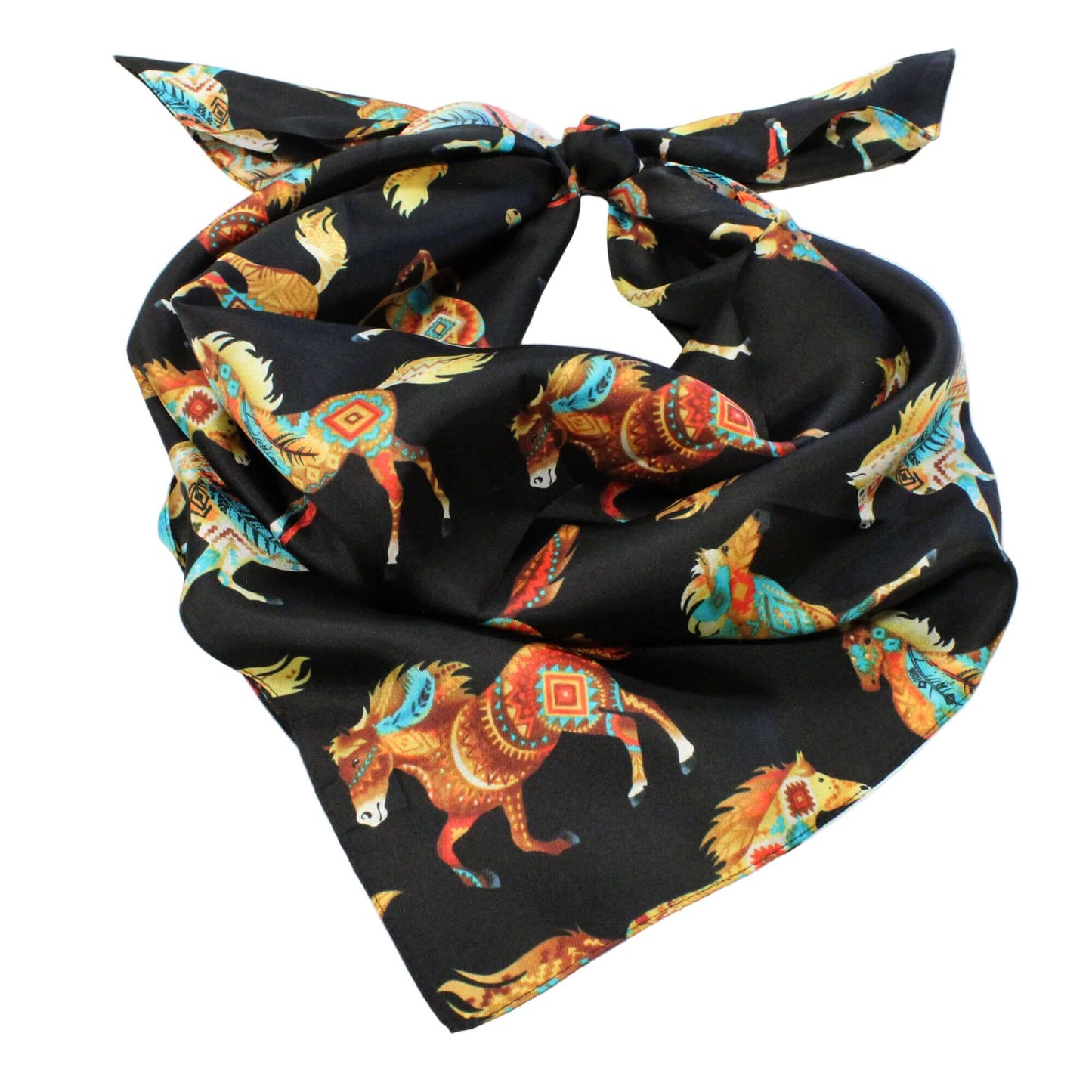 Black scarf with colorful horse pattern on a light wooden surface