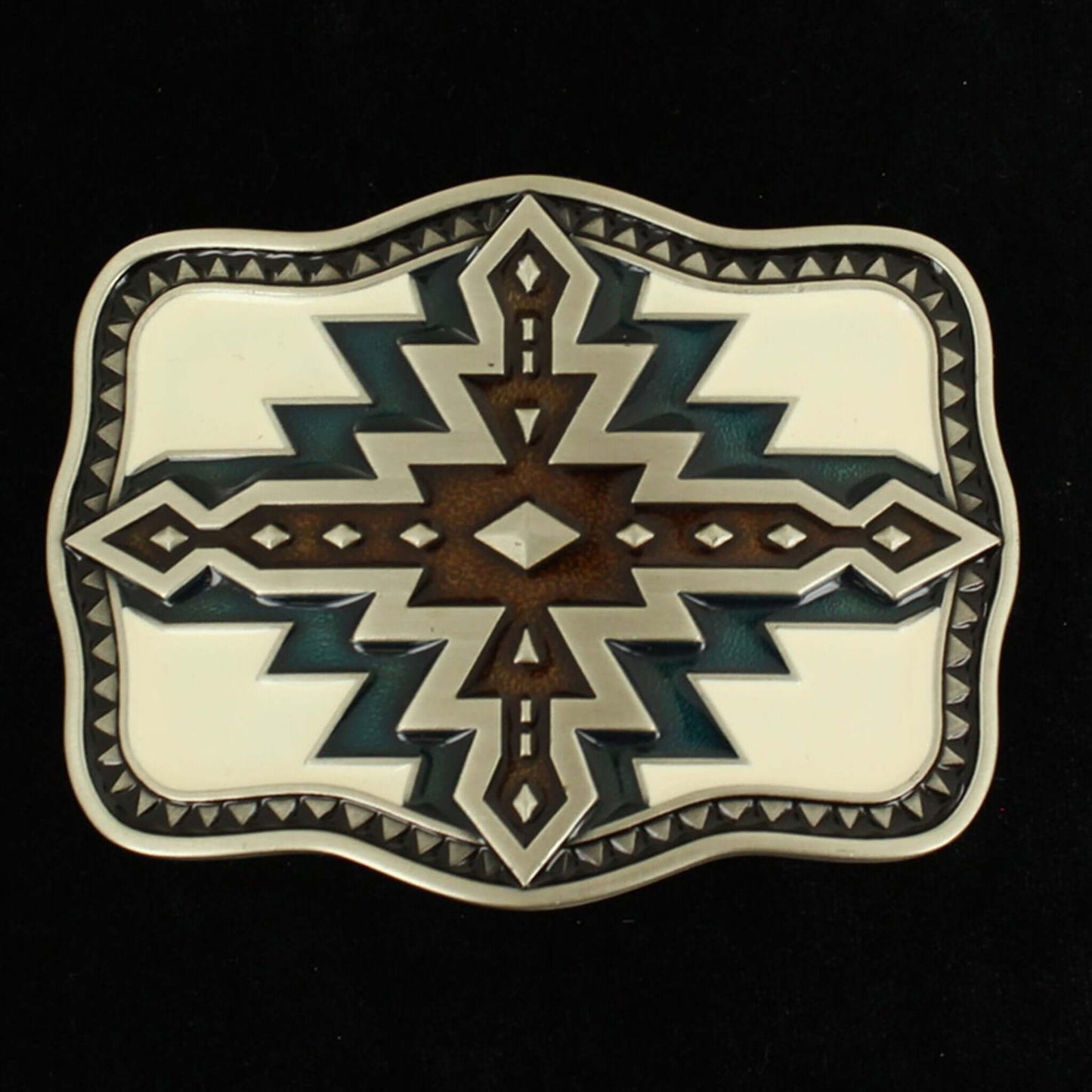 This rectangle men's western buckle is antique silver with a black epoxy edges. Ivory, blue and brown western cross in the center of the buckle. It measures 2-7/8 x 3-3/4. Makes a great a look to your western belt.