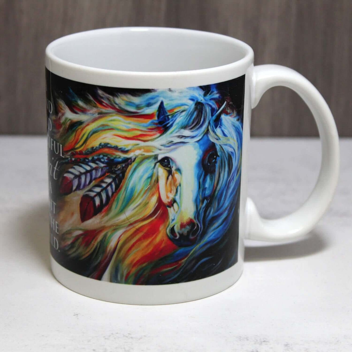 Delightful horse art captured on this colorful Western coffee mug. This 12-oz ceramic mug come with sturdy box making them ideal for gift giving. All are dishwasher safe, too!