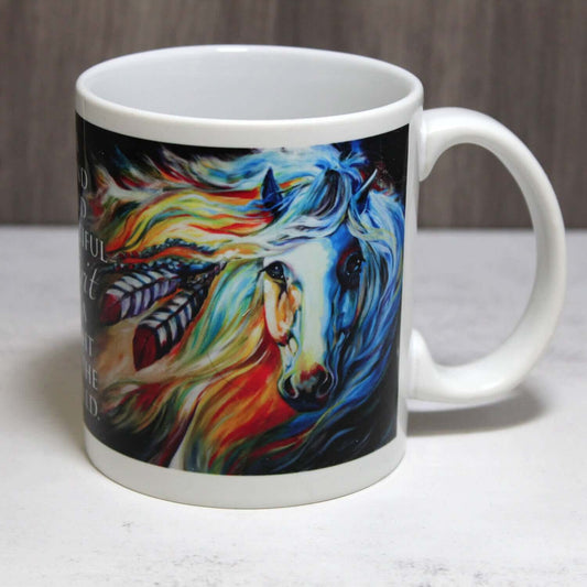 Delightful horse art captured on this colorful Western coffee mug. This 12-oz ceramic mug come with sturdy box making them ideal for gift giving. All are dishwasher safe, too!