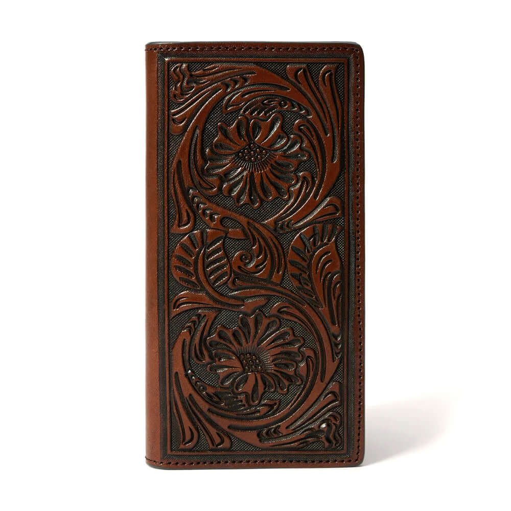 Brown leather wallet with intricate floral patterns on a white background