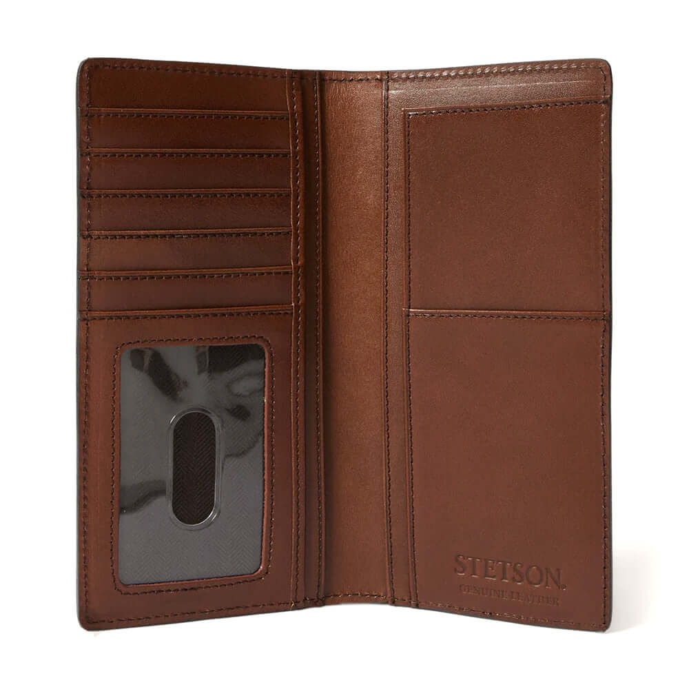 Brown leather wallet with visible Stetson branding on a white background