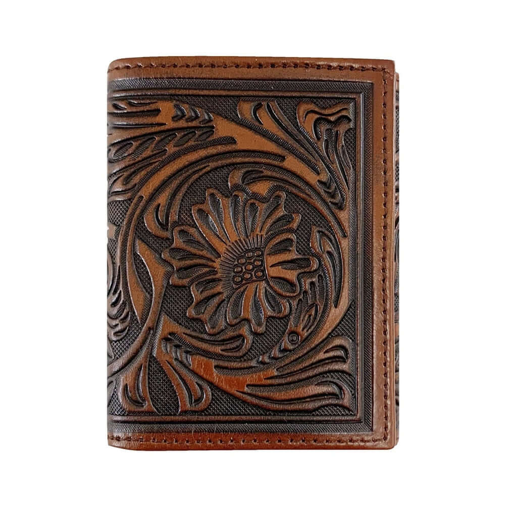 Brown leather wallet with floral embossing on a white background
