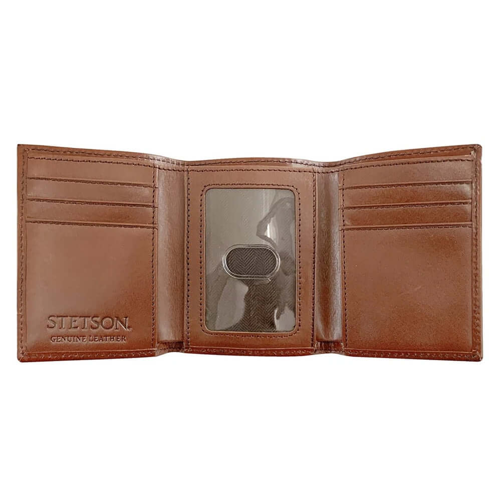 Brown leather wallet with 'Stetson' branding on a white background