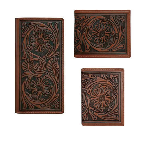 Three leather wallets with floral patterns on a white background