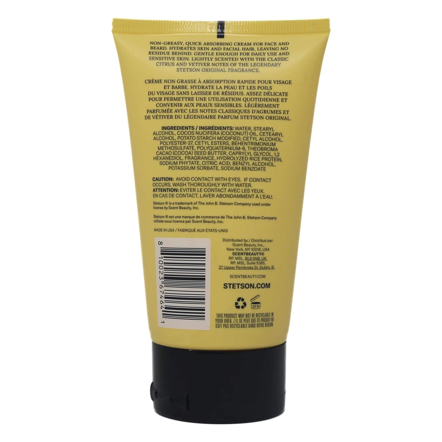 Back view of a yellow skincare product tube with text and branding.