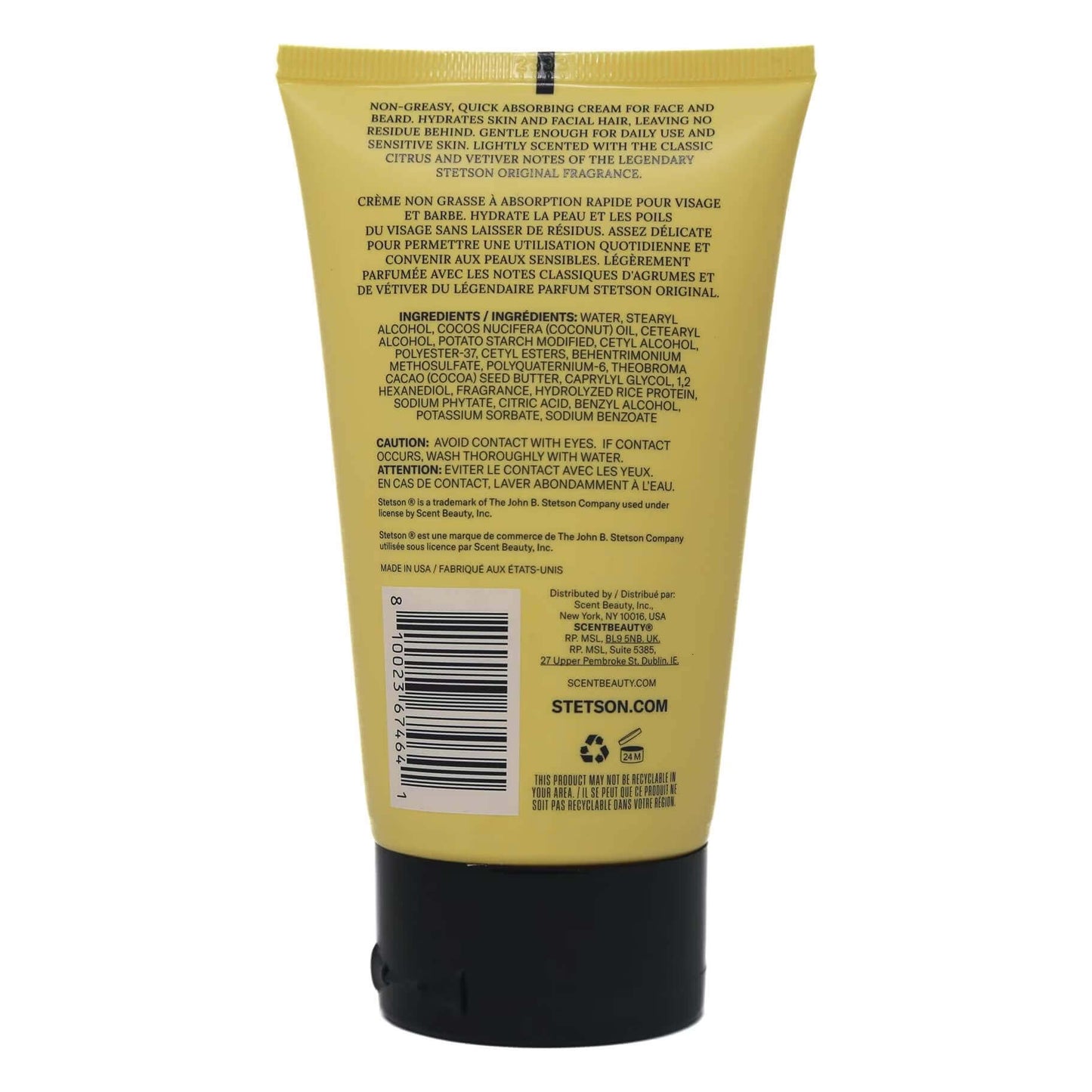 Back view of a yellow skincare product tube with text and branding.
