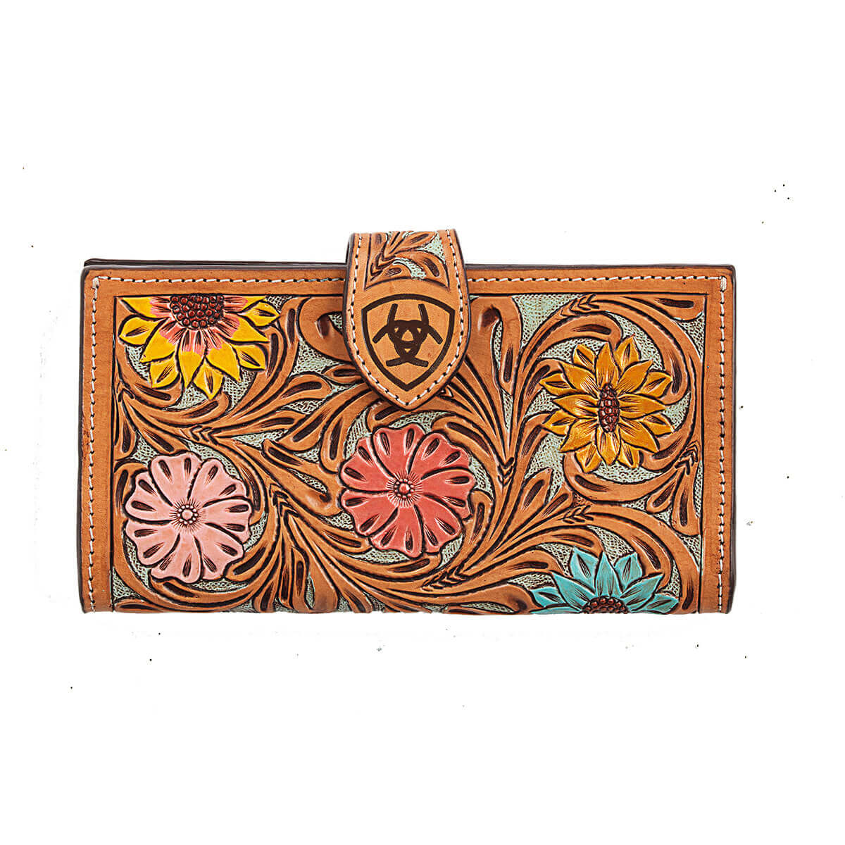 Beautiful genuine leather ladies wallet with hand tooled flower design and hand painted in soft but memorizing colors. Multiple card slots and 1 zipper pocket. Magnetic tab closure. Measures: 8-1/4 x 4