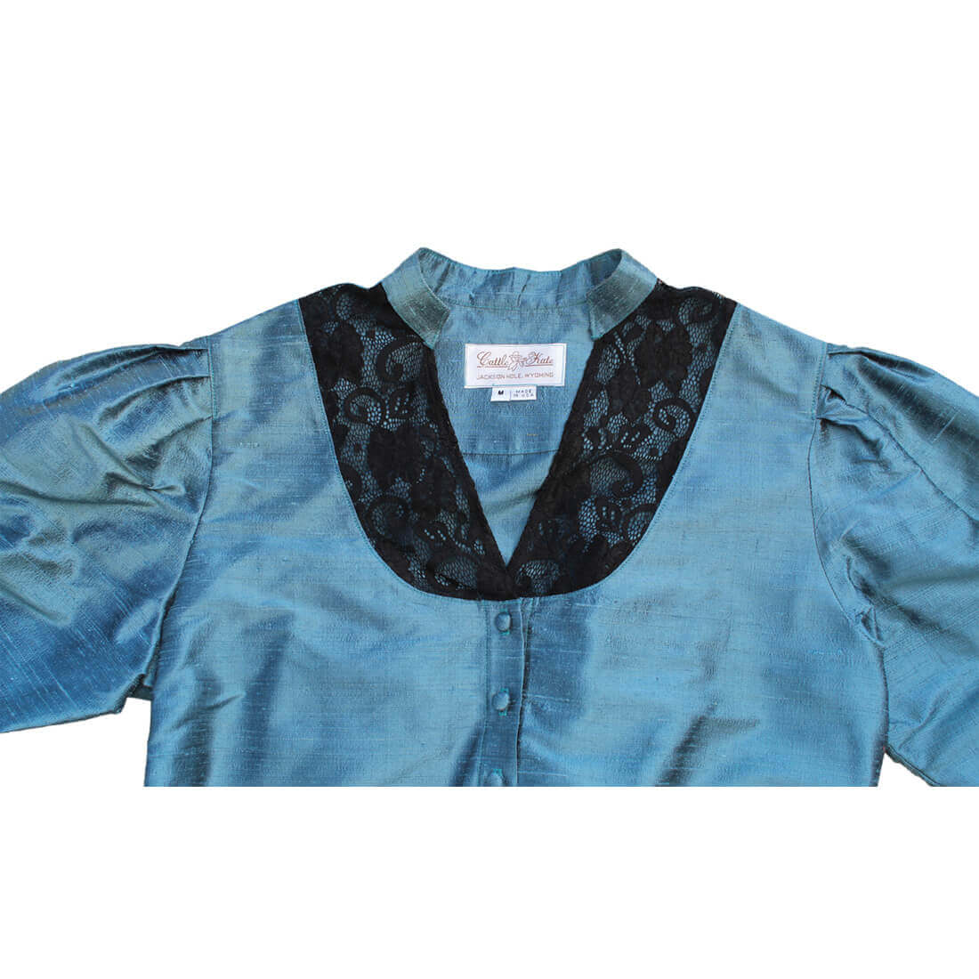 Isabel Old West 1800's Outfit blouse with black lace inset on teal fabric, ideal for Wild West themed events.