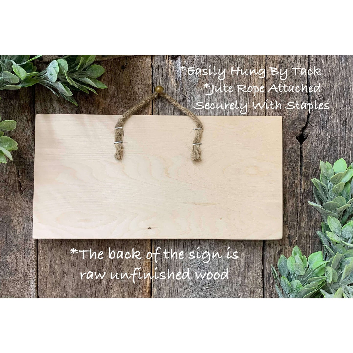 Wooden sign with jute rope on a rustic wooden background with text about its features.