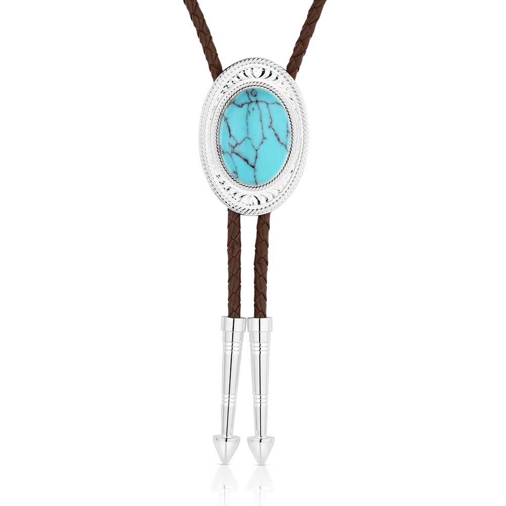 Bolo tie with turquoise stone and silver accents on a white background