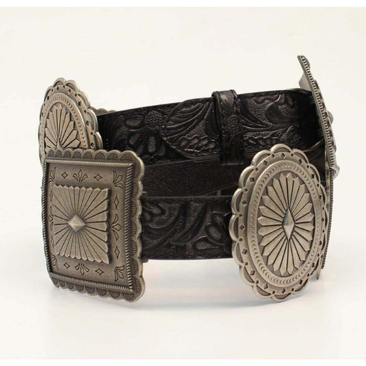 This ladies cowgirl belt has a stylish western look. The 1-1/2 inch black embossed strap has large alternating oval and rectangle antique silver western conchos. This belt is perfect for a night on the town. 
