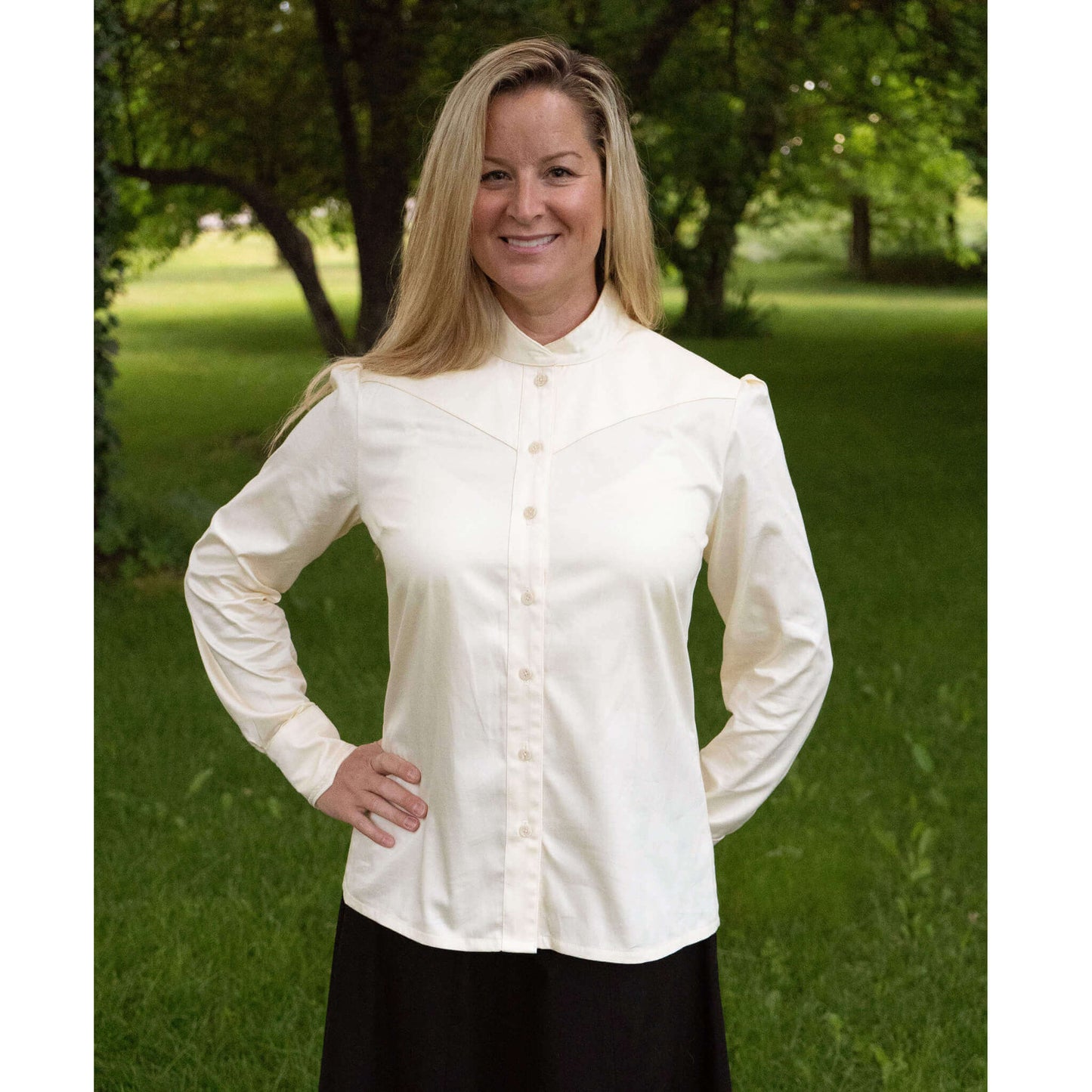 Victorian Women's Western Blouse in ivory, featuring a button collar and lace yoke, perfect for vintage styling.