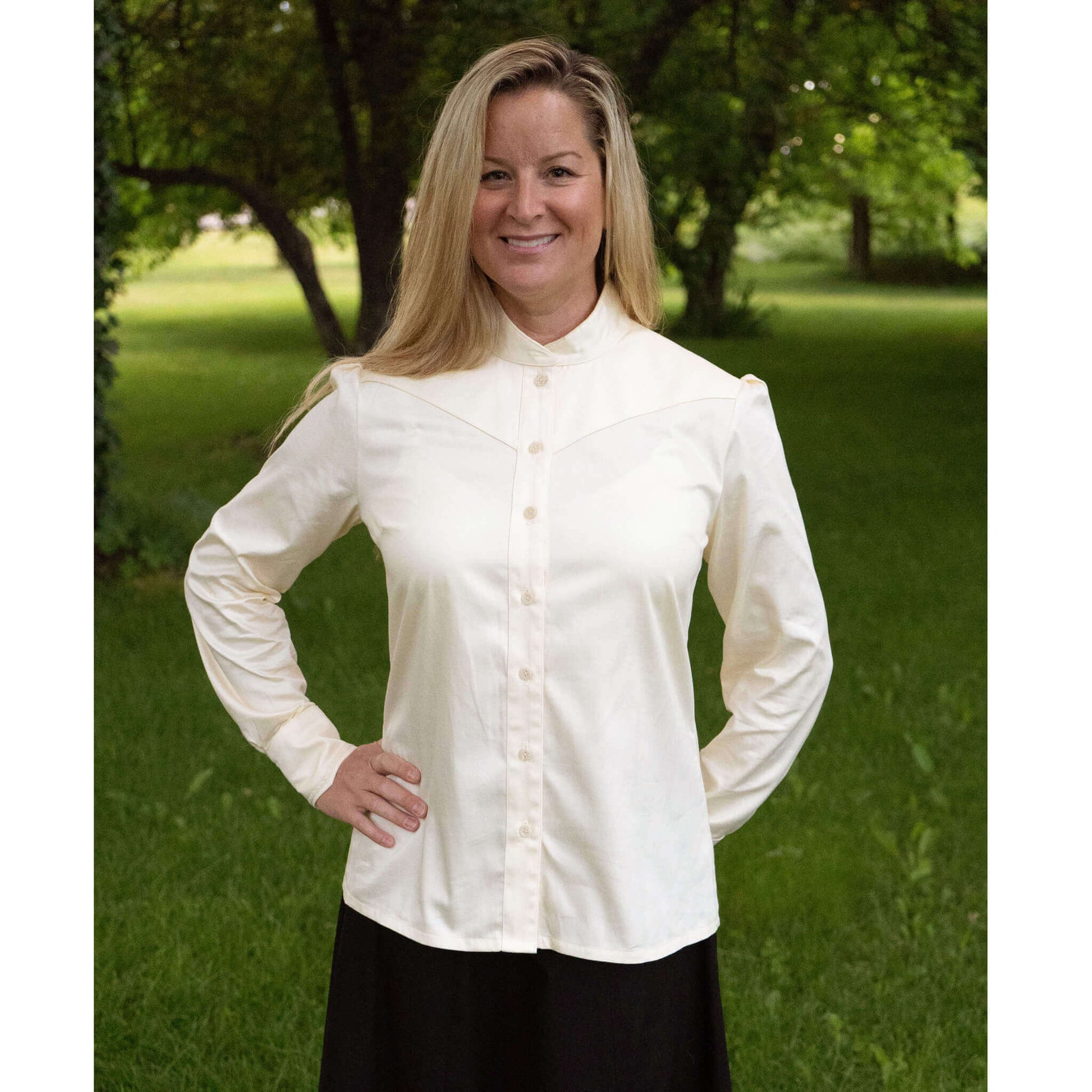 Victorian Women's Western Blouse in ivory, featuring a button collar and lace yoke, perfect for vintage styling.