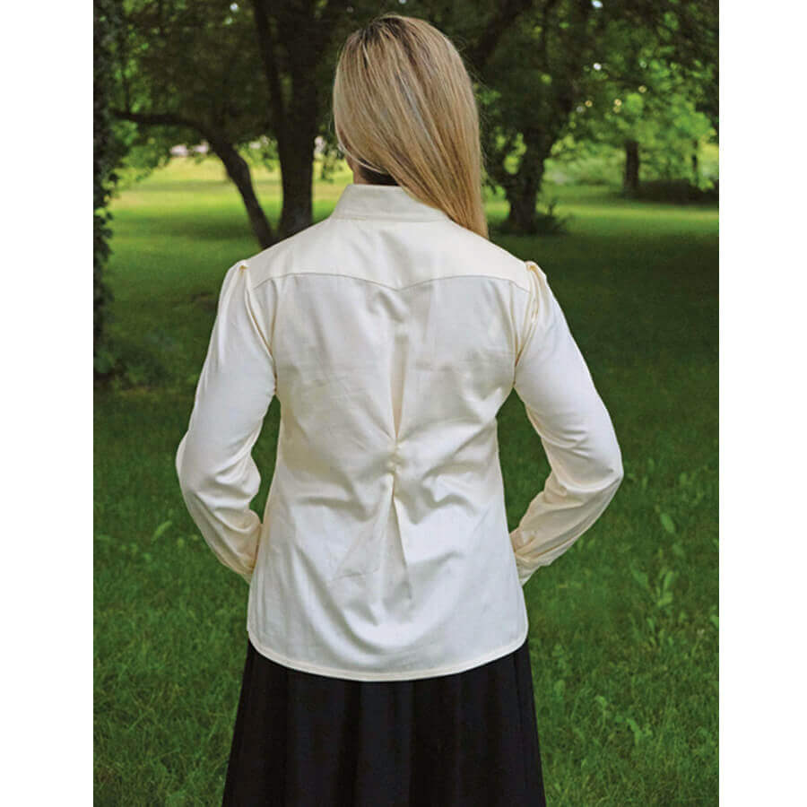 Back view of a Victorian Women's Western Blouse in ivory, showcasing its lace details and tailored fit.
