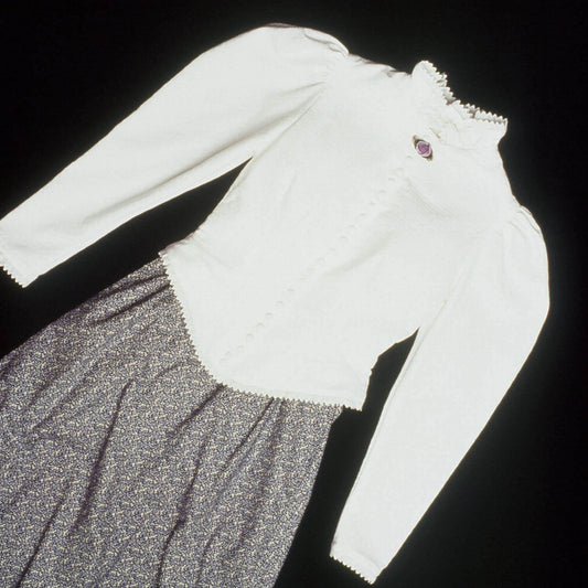 Western Victorian Walking Jacket in white cotton pique with lace trim and ruffled peplum, made in USA.