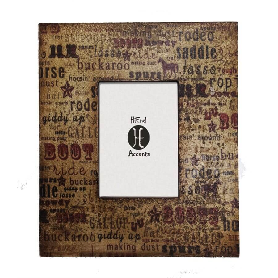 This rustic frame features vintage styled western text and sayings inspired by the old west. The perfect addition to any cowboy or cowgirl's space. For vertical photographs only, measuring 5" x 7". Back has swing tabs for easy installation, and a thick layer of glass protects your image.