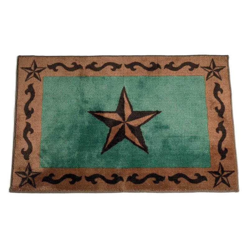 Emblazoned with iconic Western stars and scroll motifs, this accent rug sets a classic Western tone in your living space. An elegant motif border frames a lone two-tone star in the center—all set atop a rich turquoise and dark tan backdrop. Have peace of mind wherever you place this rug because of its anti-slip latex backing.